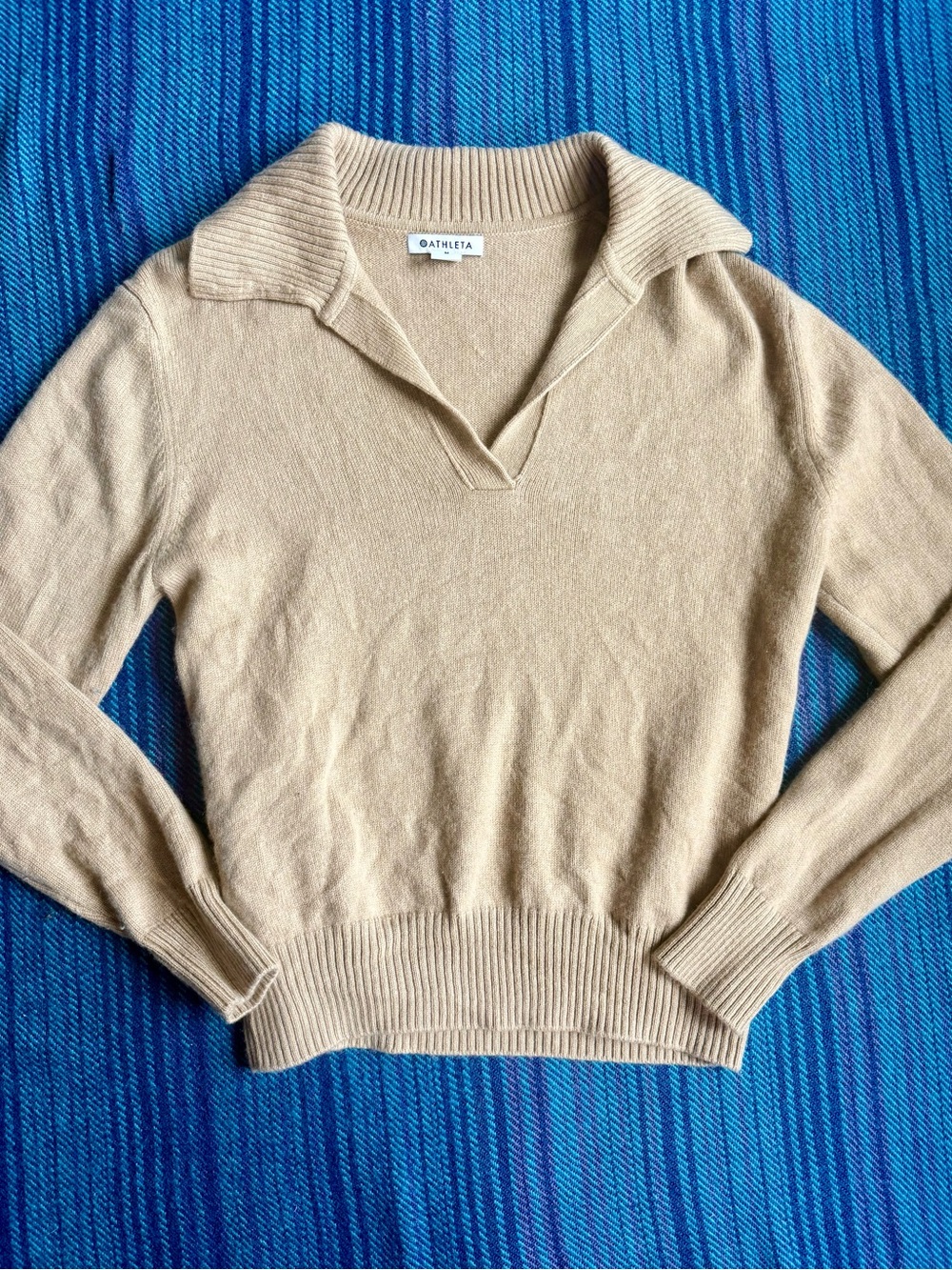 Athleta Camel V-Neck Collared Cashmere-Blend Sweater